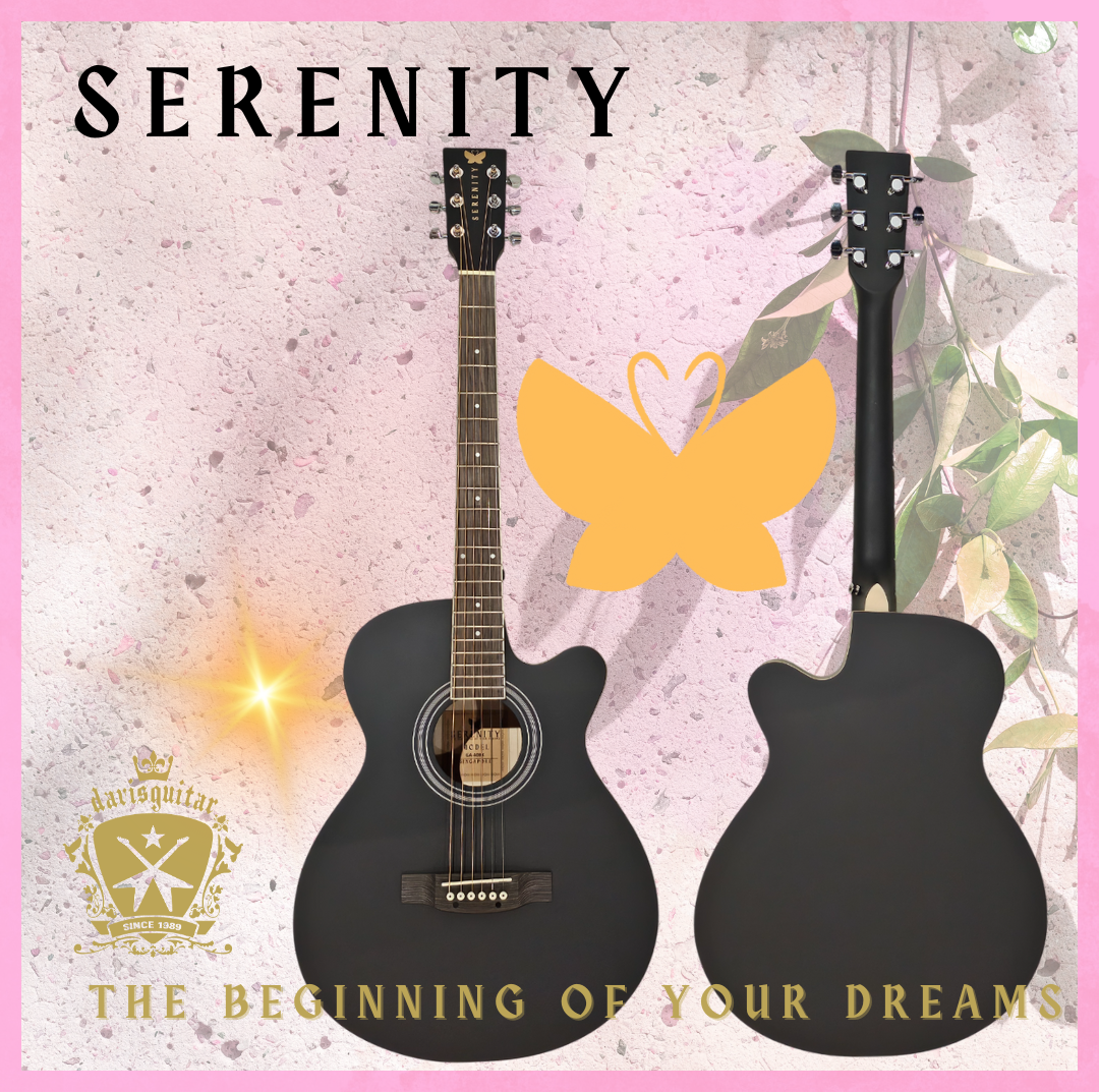 Serenity Beginner Acoustic Guitar Satin Black Free Bag, Strap Capo Pickcase pick Tuner