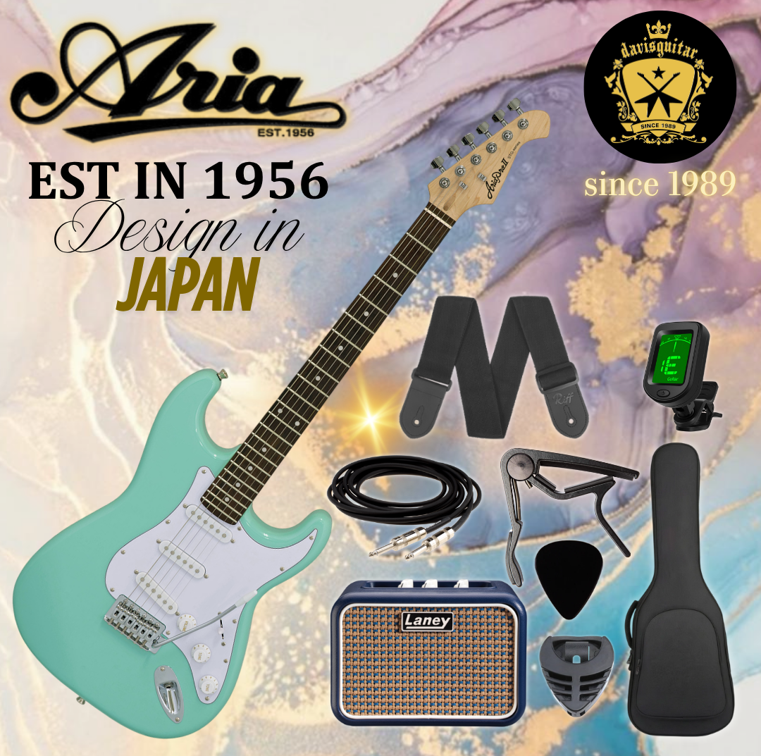 Aria STG-003 Surf Green Electric Guitar Package with Laney Amp, Bag, Strap, Capo, Tuner, Cable, Pick