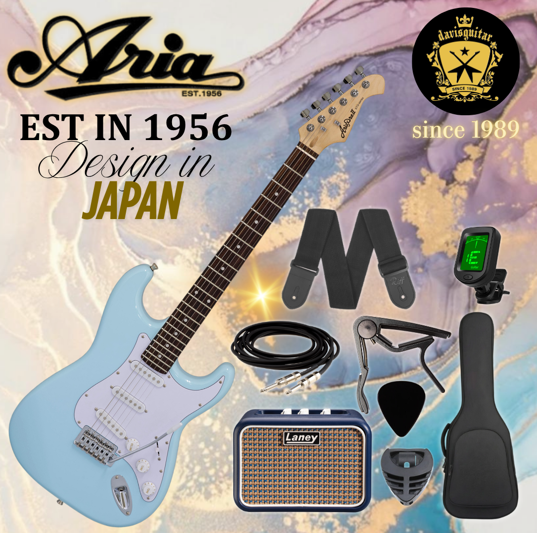 Aria STG-003 Sonic Blue Electric Guitar Package with Laney Amp, Bag, Strap, Capo, Tuner, Cable, Pick
