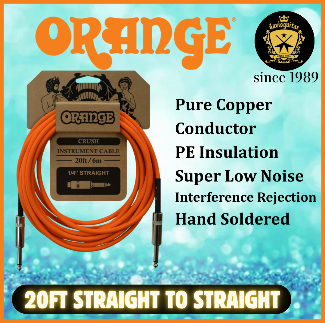 Orange Amp 20ft Guitar Cable Straight to Straight Pure Copper Conductor Hand-Soldered
