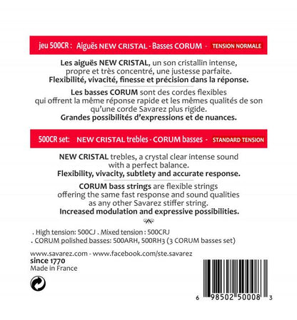 Savarez 500CR Classical Guitar Nylon Strings New Cristal Corum Normal Tension