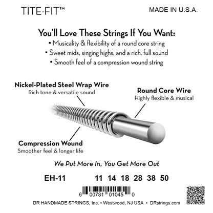 DR String 11-50 Tite Fit for Electric Guitar Nickel Wound Round Core Bright and Flexible