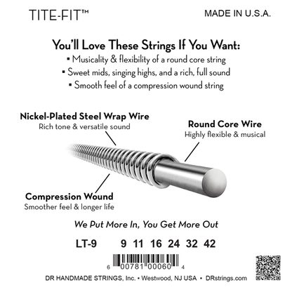 DR String 9-42 for Electric Guitar Nickel Wound Round Core Bright and Flexible Tite-Fit