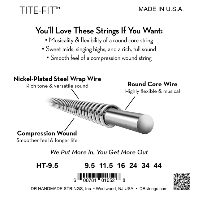 DR String 9.5-44 for Electric Guitar Nickel Wound Round Core Bright and Flexible Tite-Fit