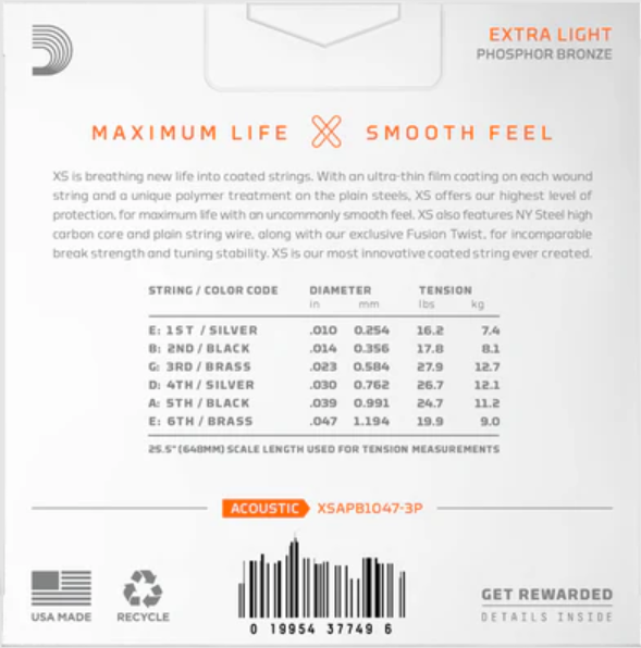 Daddario 10-47 Extra Light Coated Acoustic Guitar Strings XSAPB1047