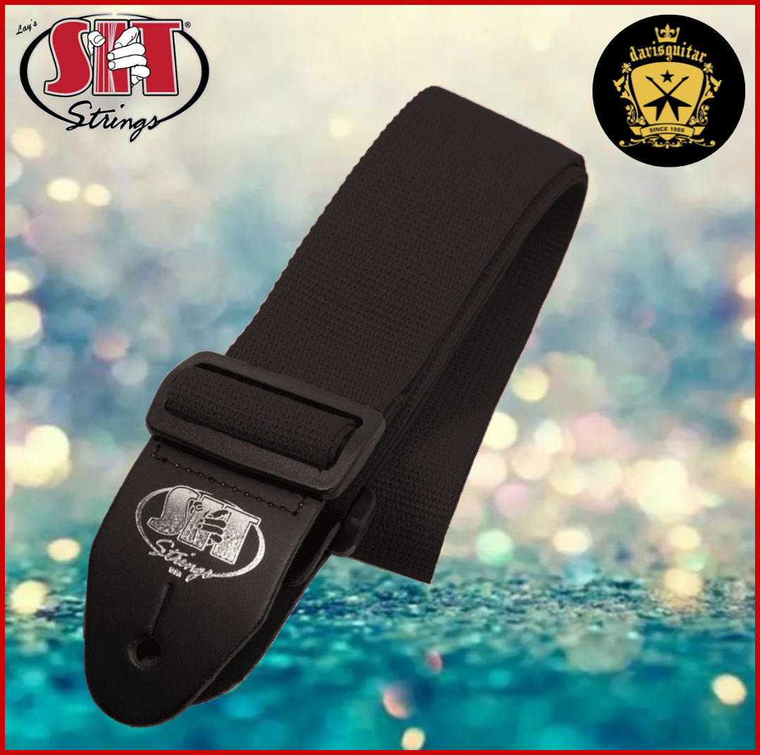SIT Classic Nylon Guitar Strap Black 2 Inch wide with leather ends