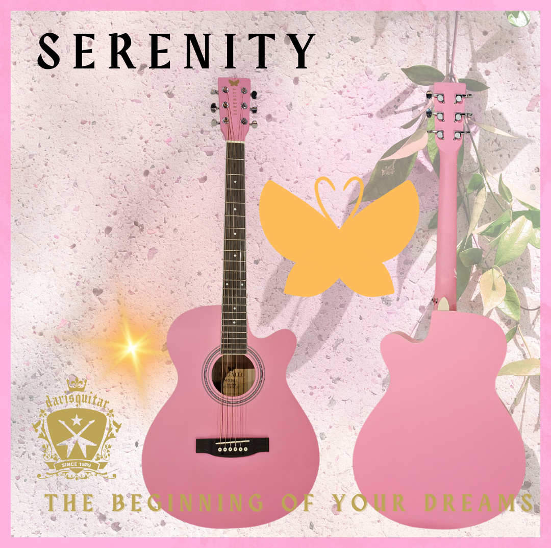 Serenity Beginner Acoustic Guitar Satin Pink Free Bag, Strap Capo Pickcase pick Tuner