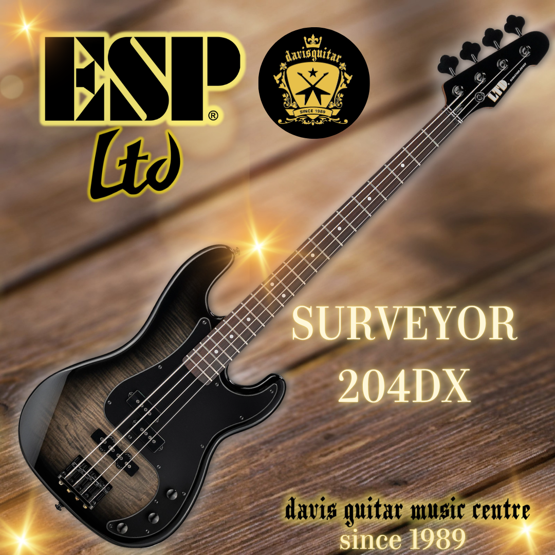 ESP LTD Surveyor-204DX 4 String Bass Guitar Black Burst Poplar Top Roasted Maple Neck (December)