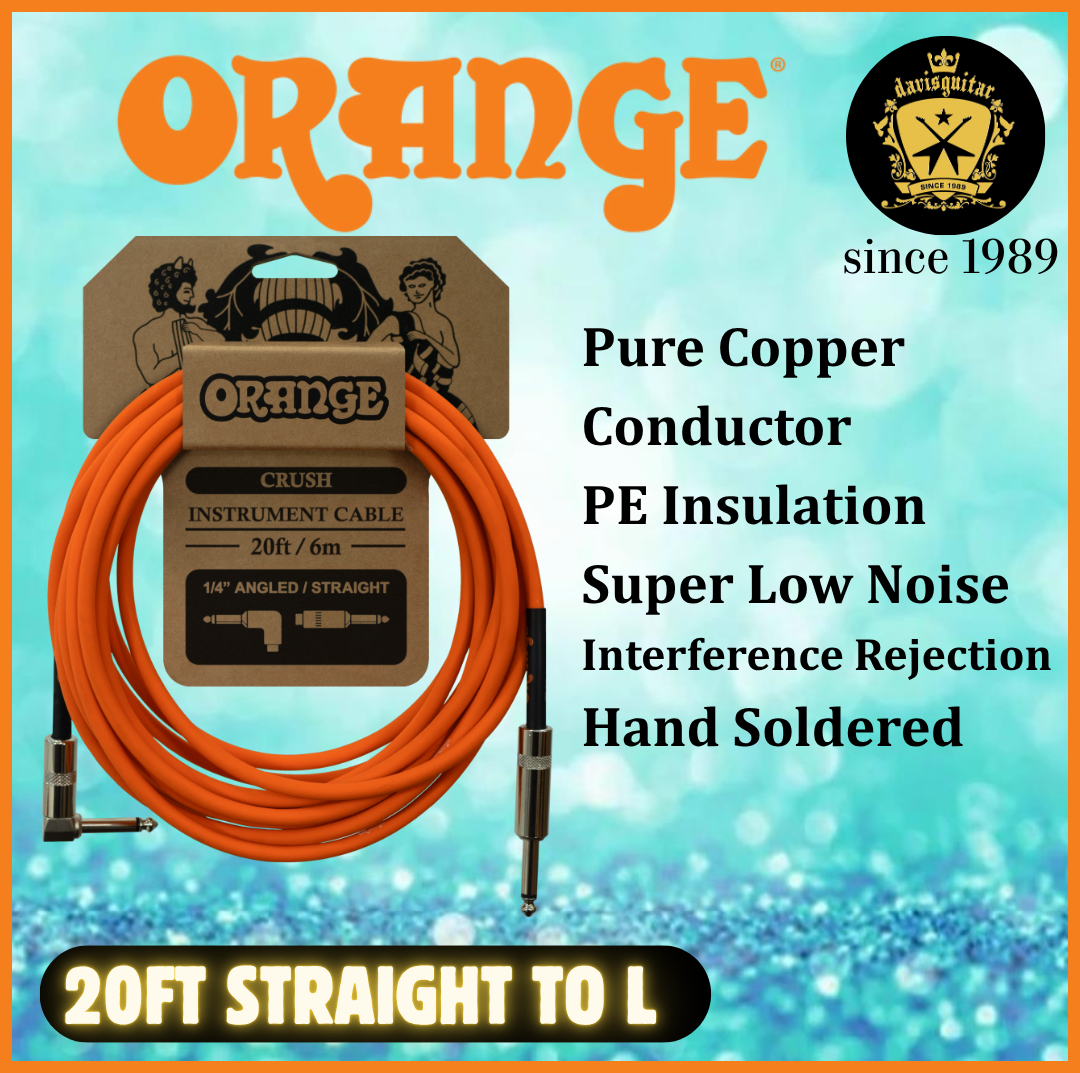 Orange Amp 20ft Guitar Cable Straight to L Pure Copper Conductor Hand-Soldered