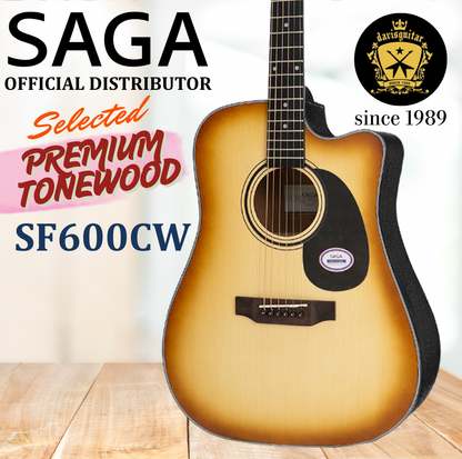 Saga Acoustic Guitar SF600CW Sunburst Dreadnought 41 Inches Cutaway with Bag