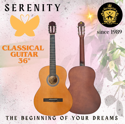 Serenity Beginner Classical Guitar 3/4 Size 36 Inches Natural Satin Finish with Bag