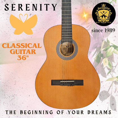Serenity Beginner Classical Guitar 3/4 Size 36 Inches Natural Satin Finish with Bag