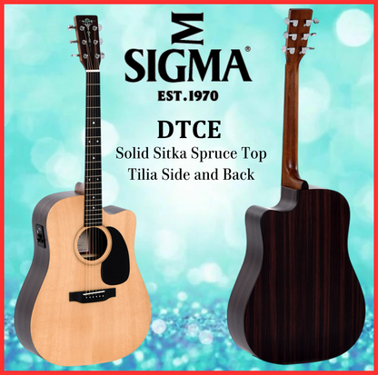 Sigma Electric Acoustic Guitar DTCE Solid Sitka Spruce top Tilia Side & Back Satin Finish