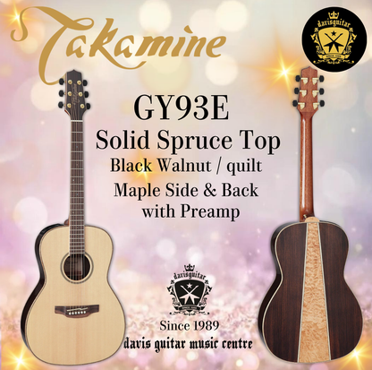 Takamine GY93E Acoustic Electric Guitar Solid Spruce Top Black Walnut and Quilt Maple Side and Back